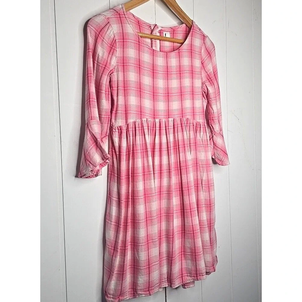 Gap Kids Plaid Babydoll Dress Girls XXL Pink White Bell Sleeve Zip Back